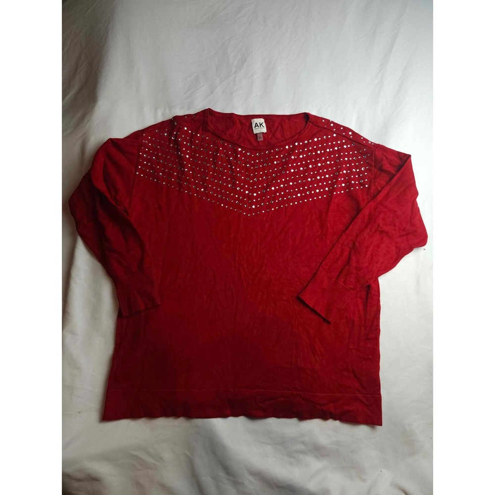 Anne Klein AK Red Rhinestone Embellished Knit Sweater Womens Large Studded Red